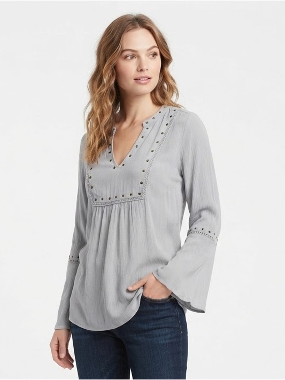 COMO Vintage Gray Studded V-Neck Bell Sleeve Boho Peasant Top Size XL